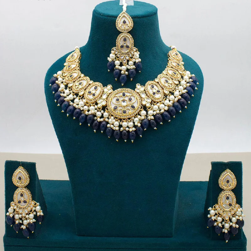 women’s personalized necklace-JCM Gold Plated Kundan Stone And Beads Necklace Set