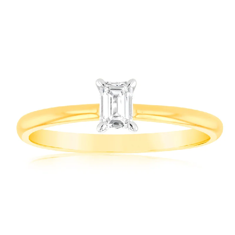 Luminesce Lab Grown 9ct Yellow Gold 1/4 Carat Emerald Cut Solitaire Diamond Ring