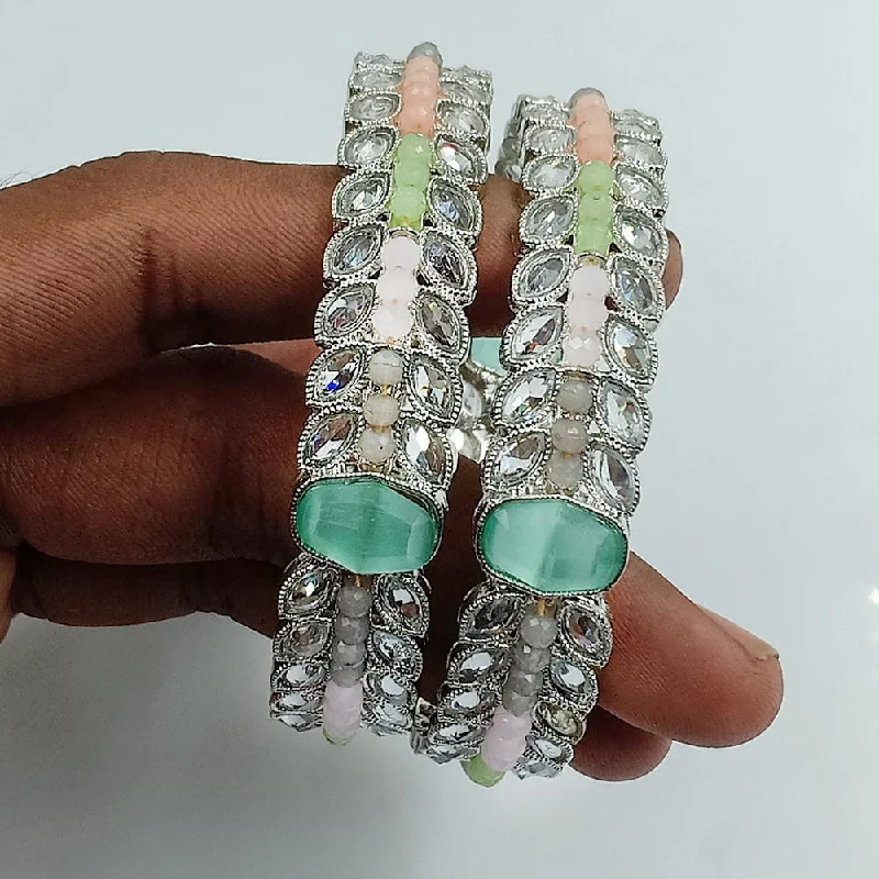 women’s multi-stone engagement rings-women’s emerald bracelet-Jcm Silver Plated Crystal Stone And Pearls Bangles Set