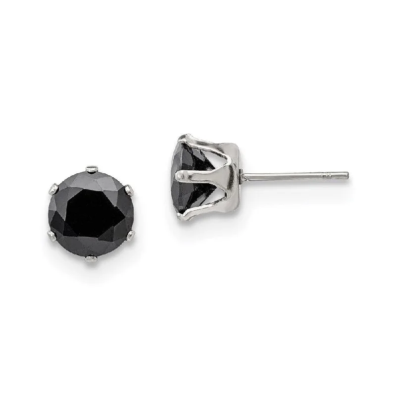 women’s classic stud earrings-Stainless Steel Polished 8mm Black Round CZ Stud Post Earrings