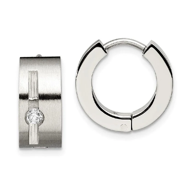 women’s animal earrings-Stainless Steel CZ Brushed & Polished Round Hinged Hoop Earrings