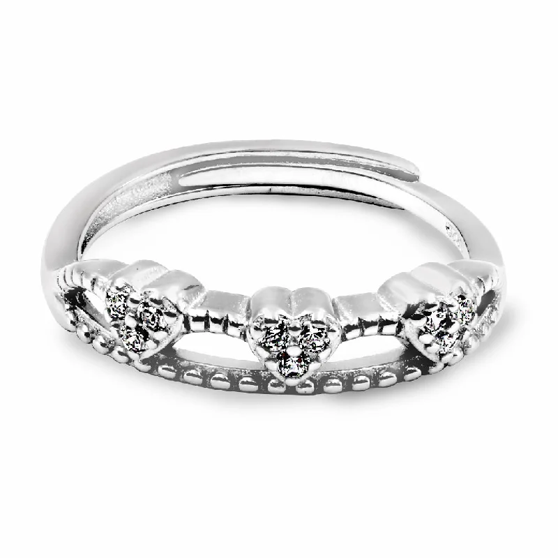 women’s vintage rings-Zarkan Triple Heart Ziron Crown Silver Ring