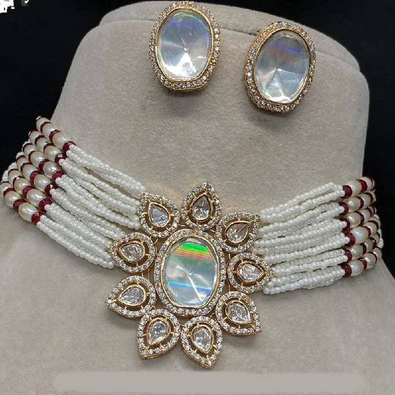 women’s silver necklace-Shagna Gold Plated Polki Kundan And Pearls Choker Necklace Set