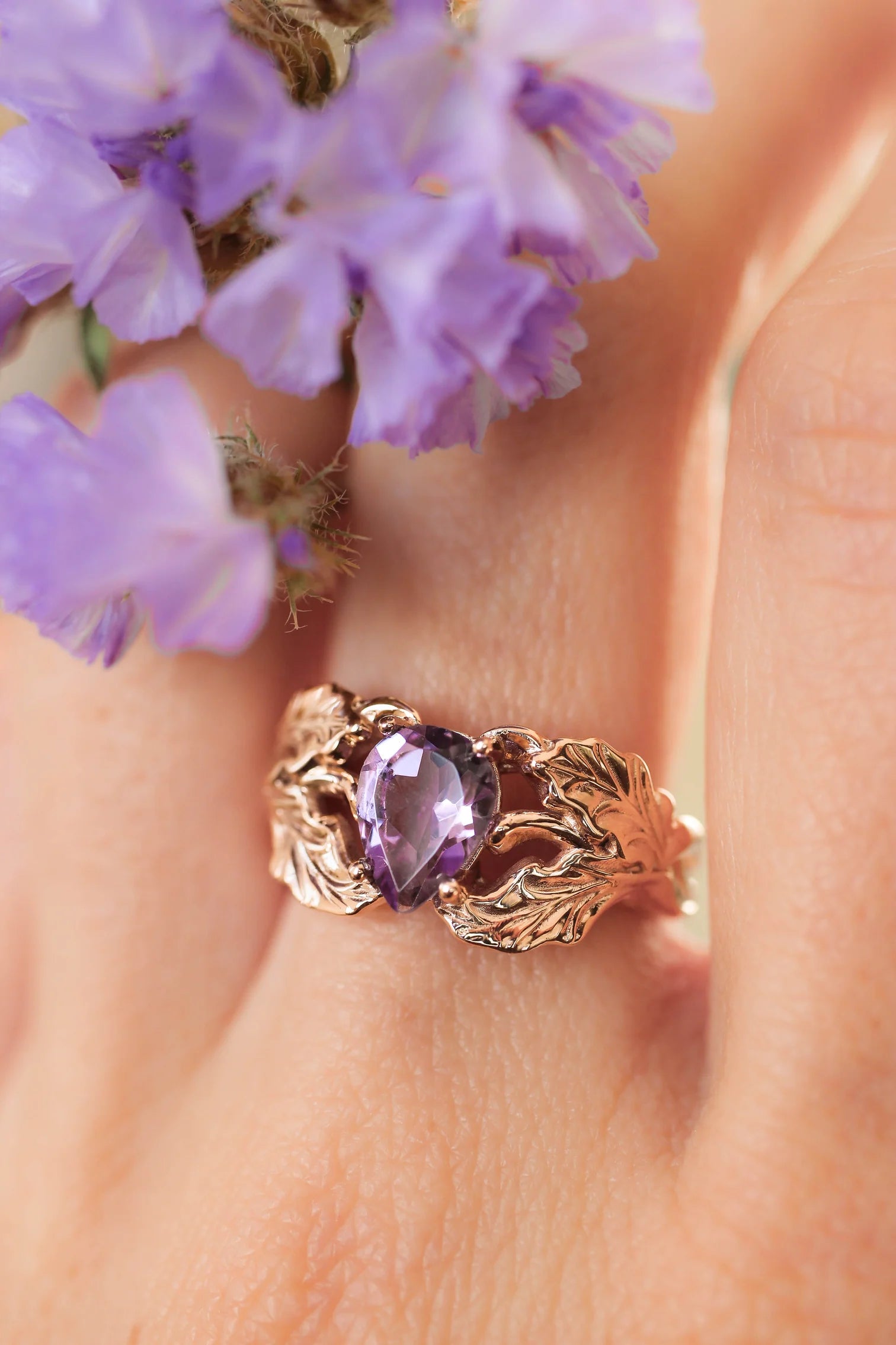 women’s engagement ring-Amethyst Stone Pear Cut Leaf Ring