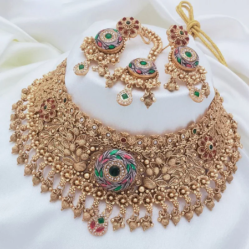 women’s simple necklace-Akruti Collection Gold Plated Pota Stone And Pearls Meenakari Choker Necklace Set