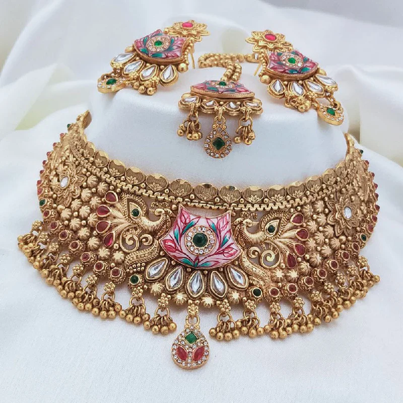 women’s silver necklace-Akruti Collection Gold Plated Pota Stone And Pearls Meenakari Choker Necklace Set