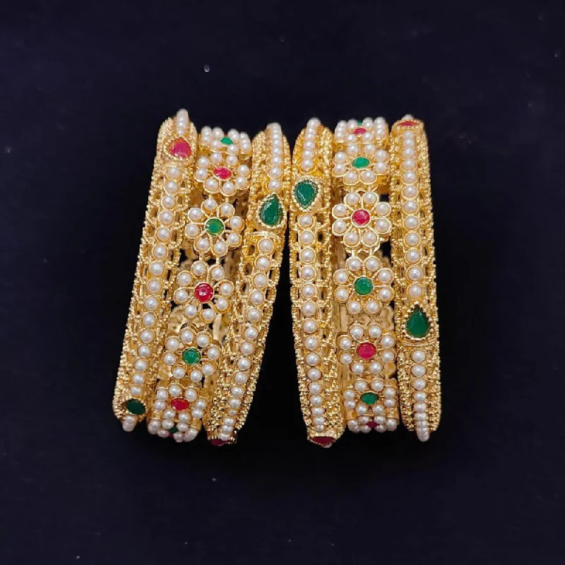 women’s cushion cut engagement rings-women’s leather bracelet-Pooja Bangles Gold Plated Crystal Stone And Pearls Bangles Set