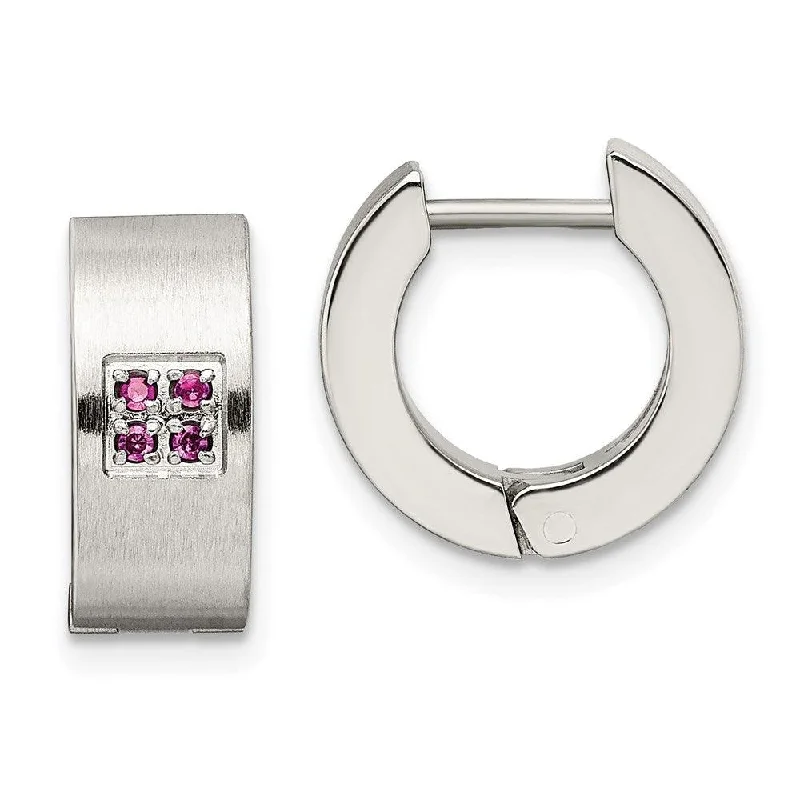 women’s engraved earrings-Stainless Steel Pink CZ Brushed & Polished Hinged Hoop Earrings