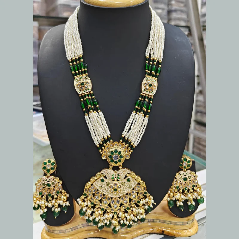 women’s dainty necklace-Manisha Jewellery Gold Plated Pota Stone And Pearls Meenakari Long Necklace Set