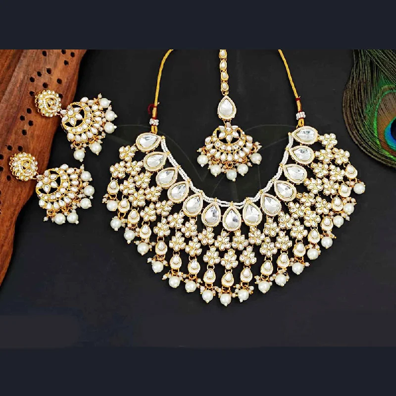 women’s engraved necklace-Everlasting Quality Jewels Gold Plated Kundan And Beads Necklace Set