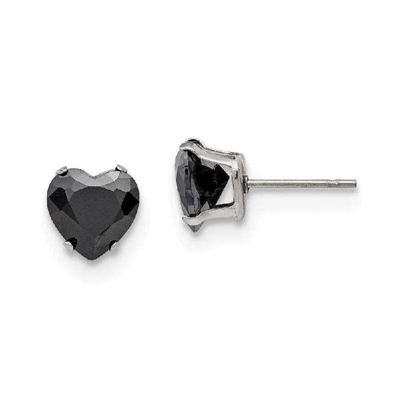 women’s sapphire stud earrings-Stainless Steel Polished 8mm Black Heart CZ Stud Post Earrings