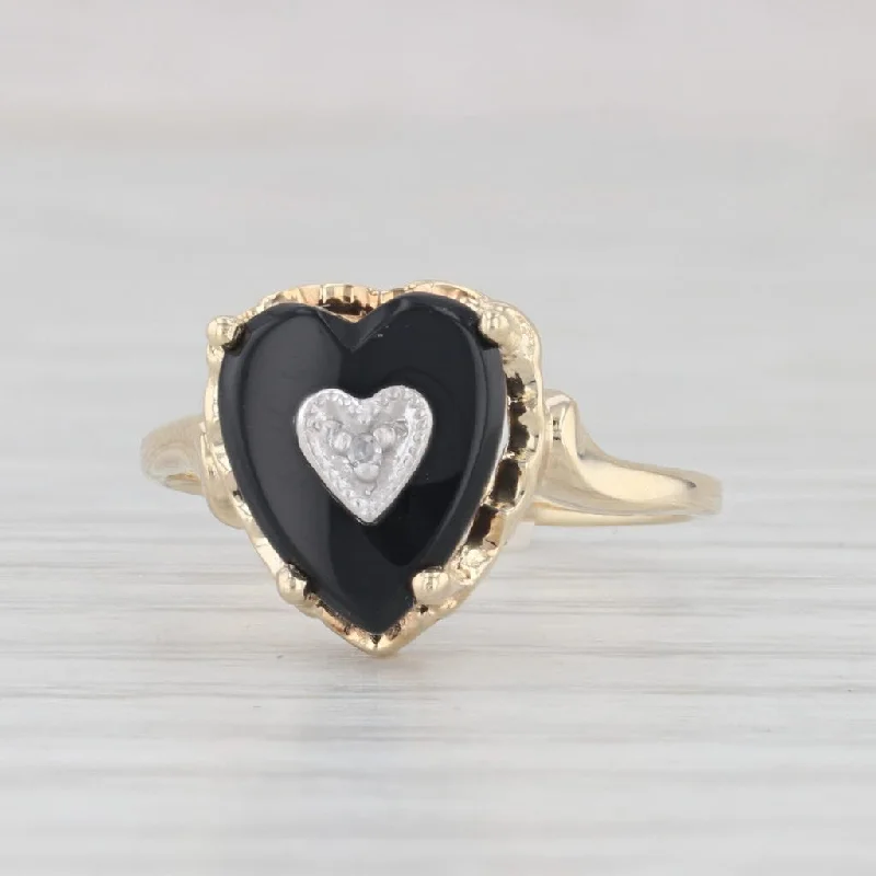 Vintage Onyx Heart Diamond Ring 10k Yellow Gold Size 5.5