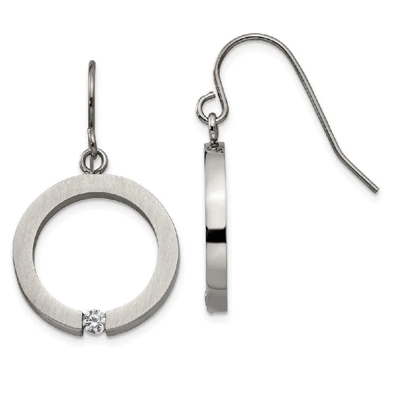 women’s modern earrings-Stainless Steel Brushed and Polished w/CZ Circle Shepherd Hook Earrings