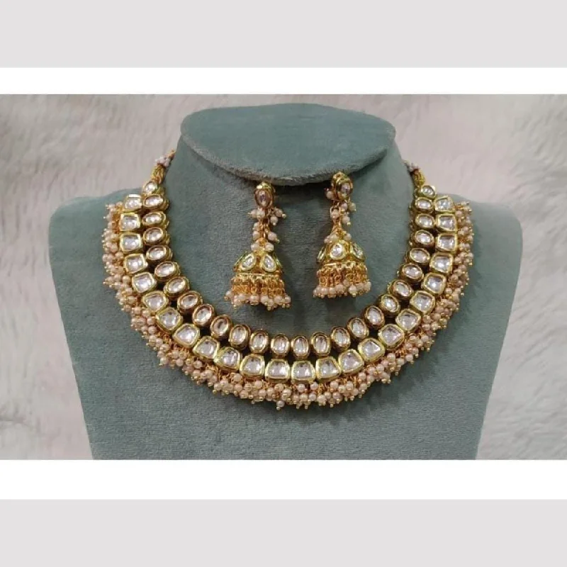 women’s trendy necklace-FS Collection Gold Plated Kundan Stone And Pearls Choker Necklace Set