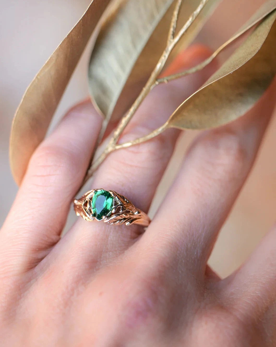 women’s vintage-inspired rings-Emerald Stone Pear Cut Ring