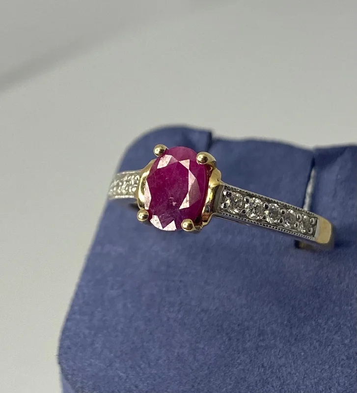 Yellow Gold Oval-Shape Natural Ruby and Diamond Ring