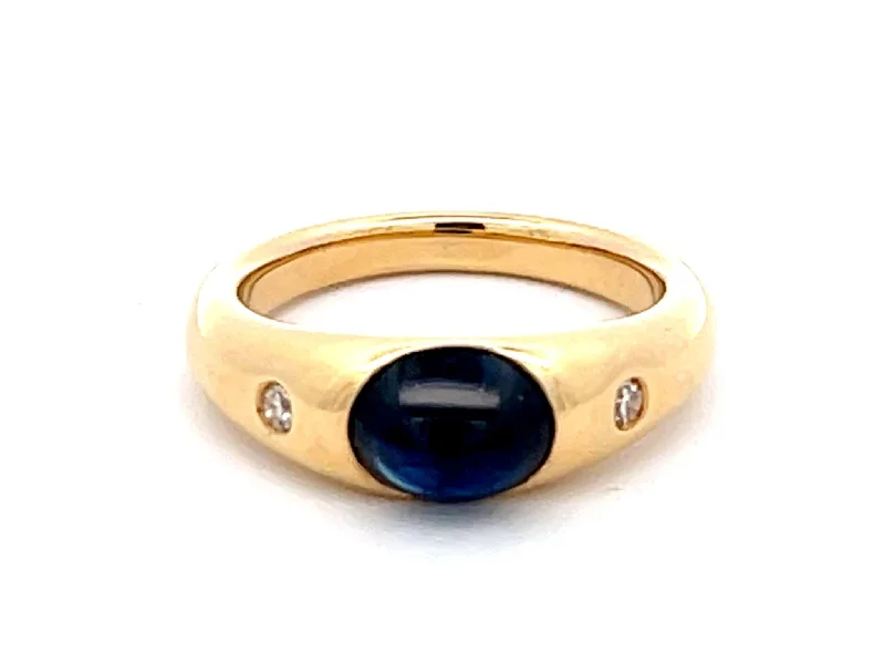 Oval Cabochon Blue Sapphire Diamond Ring in 18k Yellow Gold