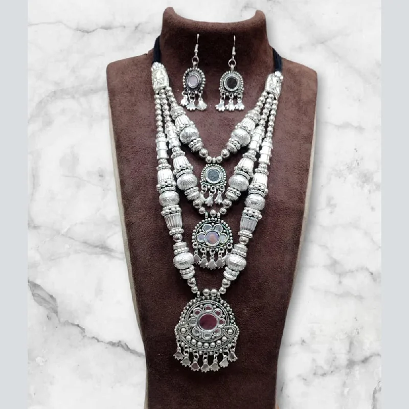 women’s layered necklace-Manisha Jewellery Oxidised Plated Mirror Double Necklace Set