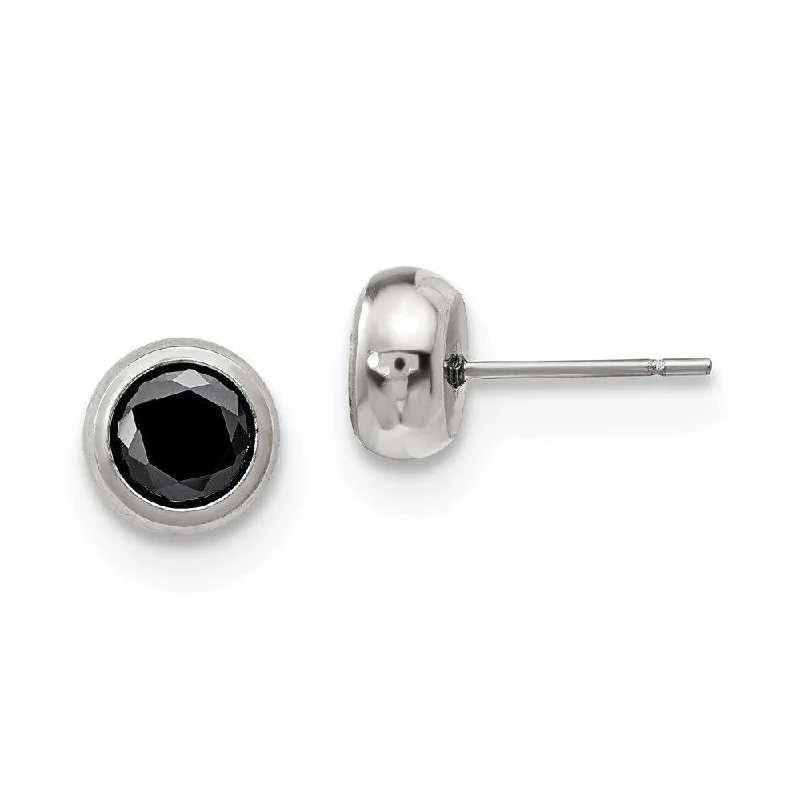 women’s animal earrings-Stainless Steel Polished 6mm Bezel Black CZ Stud Post Earrings