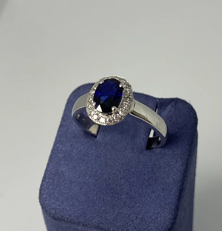 White Gold Oval-Shape Natural Sapphire and Diamond Ring