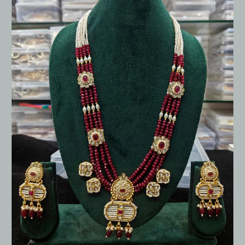 women’s gemstone necklace-Manisha Jewellery Gold Plated Pota Stone And Pearls Meenakari Long Necklace Set