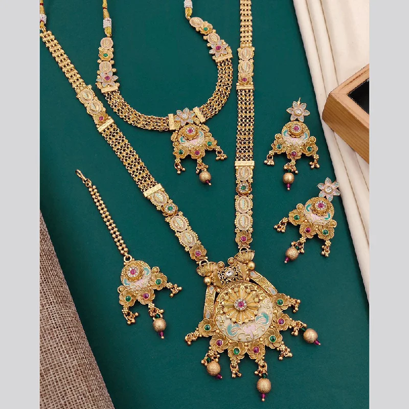 women’s double chain necklace-Neetu Art Gold Plated Pota Stone Double Necklace Set