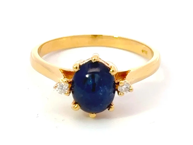 Cabochon Blue Sapphire Diamond Ring 18k Yellow Gold