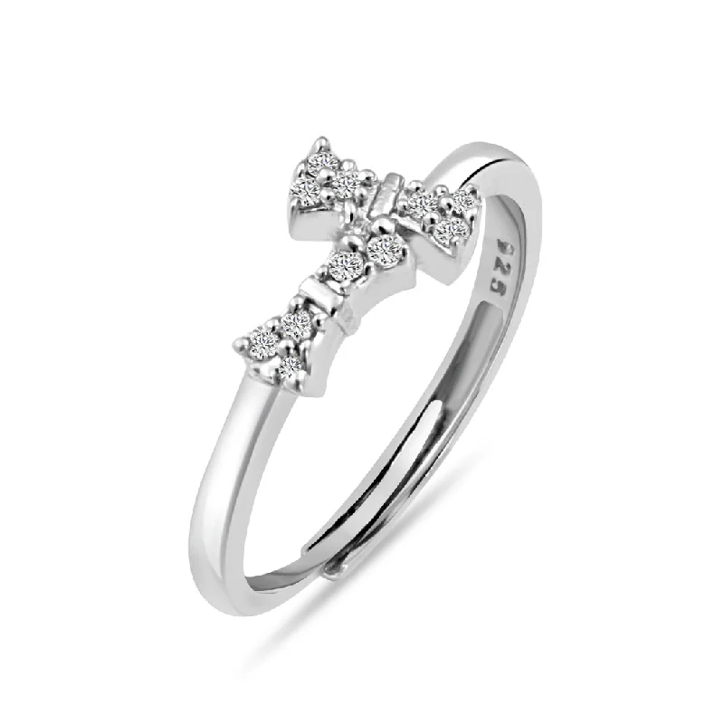 women’s luxury wedding rings-Zarkan Cute Little Diamond Bow Silver Ring