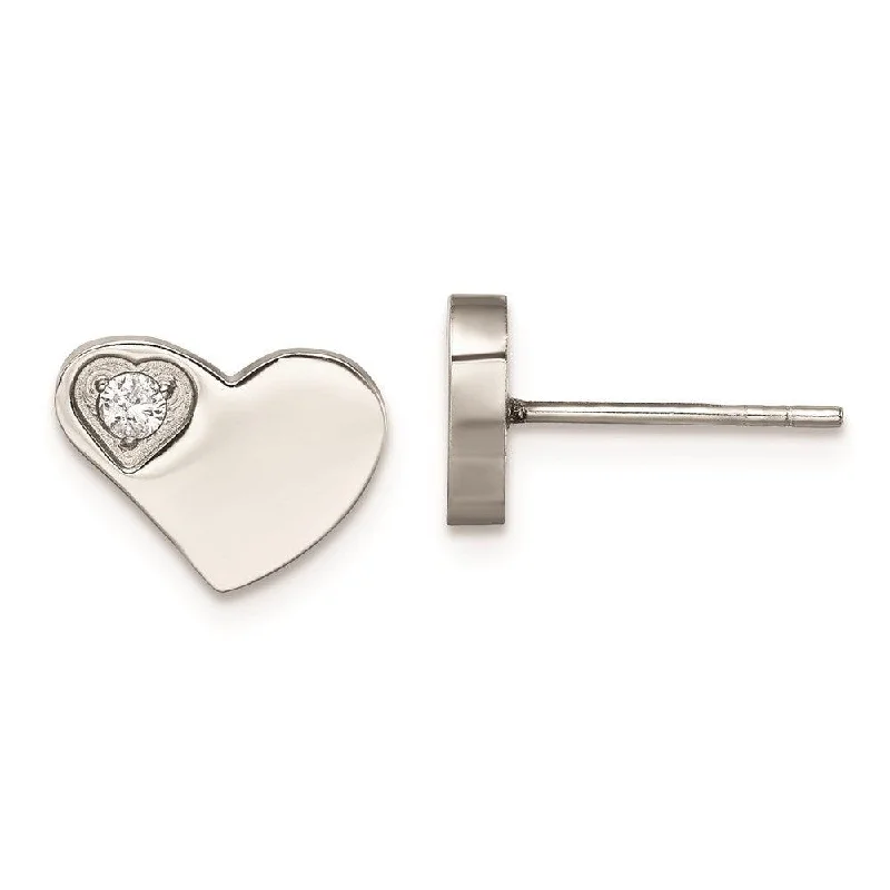 women’s crystal stud earrings-Stainless Steel CZ Polished Heart Post Earrings