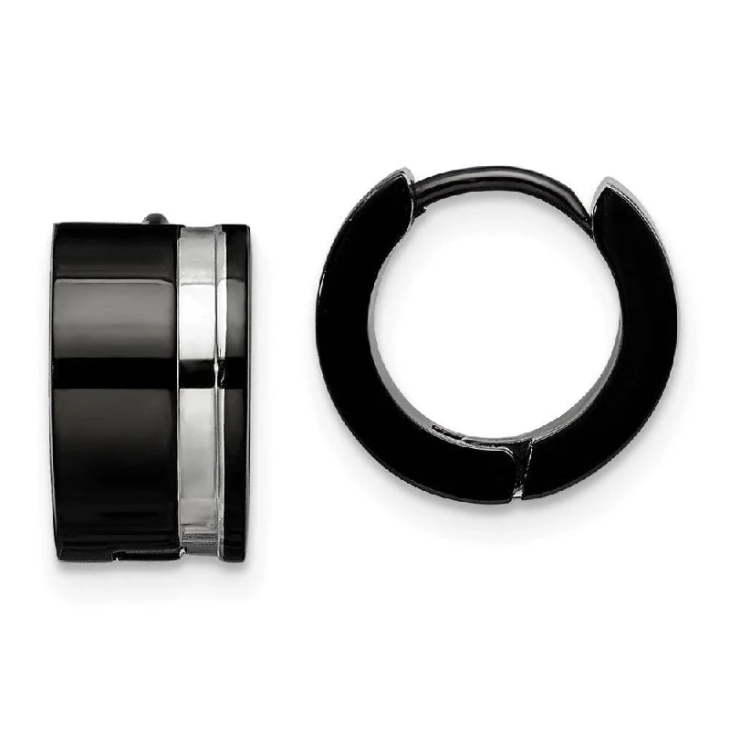 women’s cuff earrings-Stainless Steel Polished Black IP Hinged Hoop Earrings