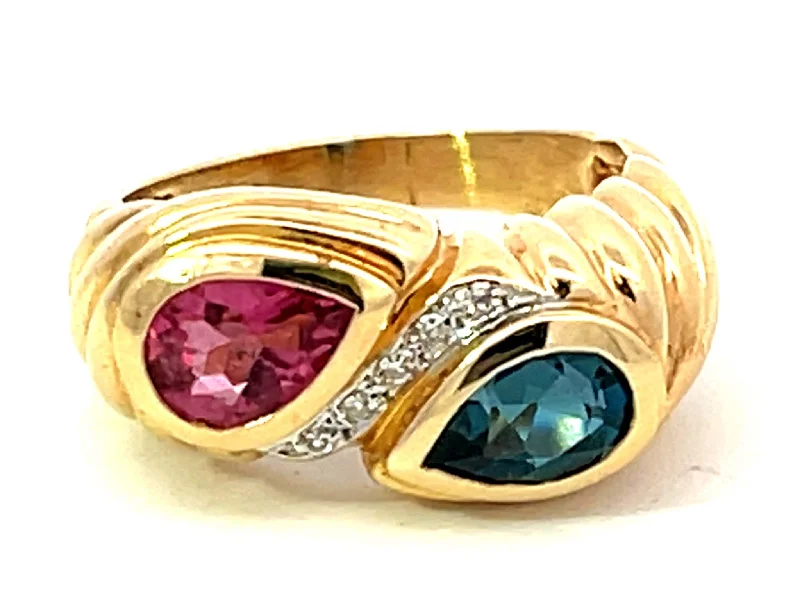 Pink and Indicolite Tourmaline Diamond Ring in 14k Yellow Gold