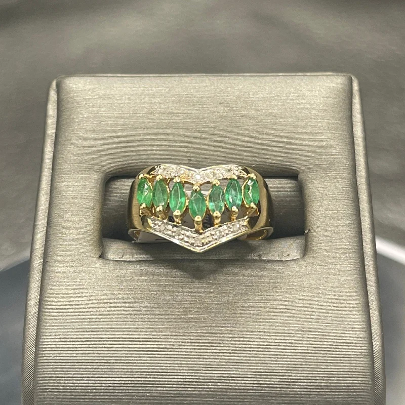 14 Karat Yellow Gold Marquise Shaped Emeralds And Pave Diamond Ring