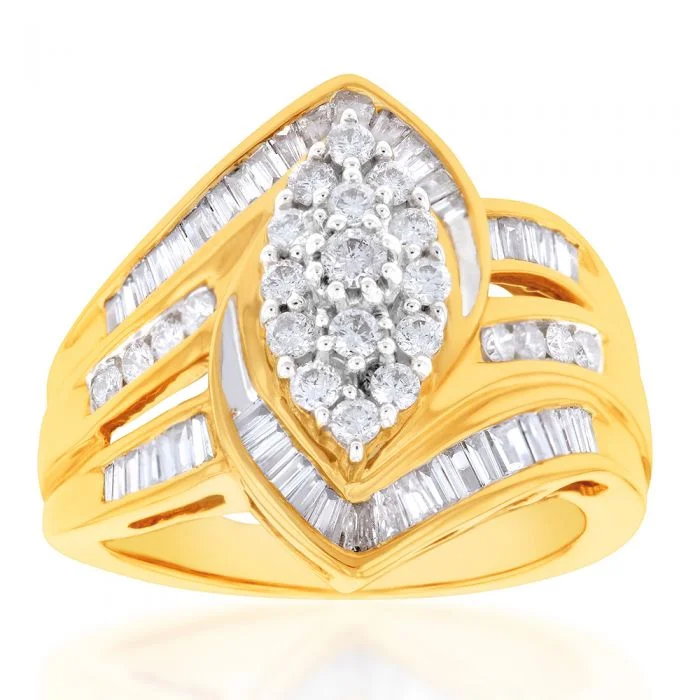 9ct Yellow Gold 1 Carat Diamond Ring Set with 63 Diamonds