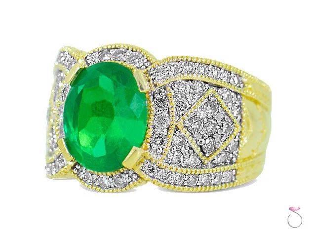 4.00ct Oval cut Emerald and Diamond Ring in 14K Yellow Gold