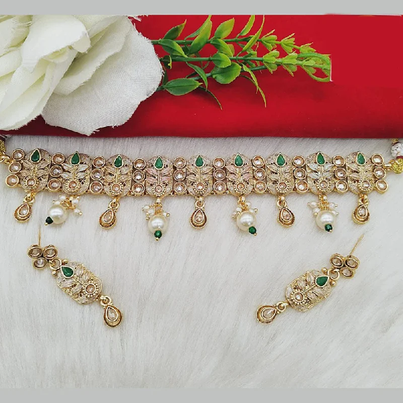 women’s minimalist pendant necklace-FS Collection Gold Plated Kundan Stone And Beads Choker Necklace Set