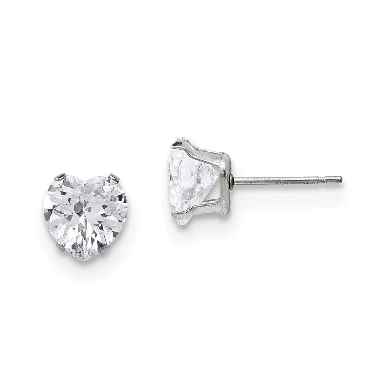 women’s engraved earrings-Stainless Steel Polished 8mm Heart CZ Stud Post Earrings