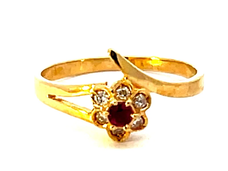 Red Ruby Flower and Diamond Ring in 14k Yellow Gold