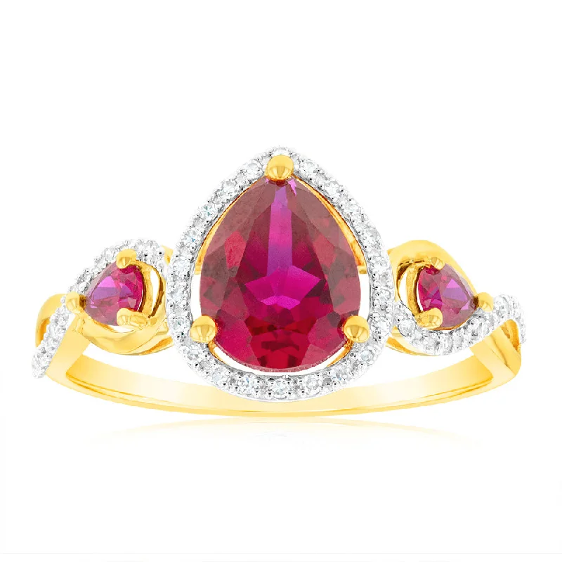 9ct Yellow Gold Created Ruby and 1/10 Carat Diamond Ring