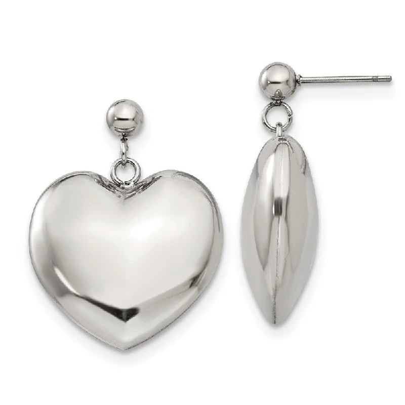 women’s modern earrings-Stainless Steel Polished Puff Heart Post Dangle Earrings