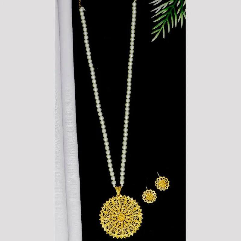 women’s diamond layered necklace-Mahavir Gold Plated Pearls Long Necklace Set