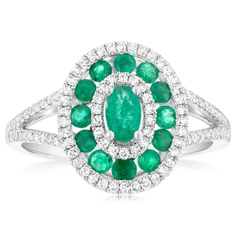 9ct White Gold Natural Emerald And Diamond Ring