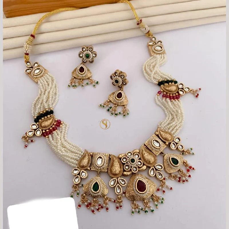 women’s pearl necklace-FS Collection Gold Plated Pota Stone And Pearls Choker Meenakari  Necklace Set