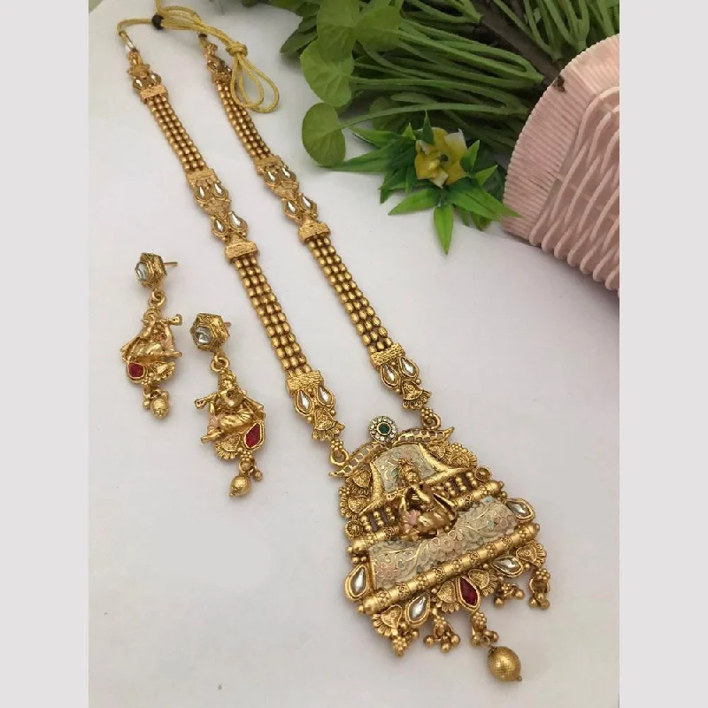 women’s birthstone pendant necklace-FS Collection Gold Plated Kundan Stone And Meenakari Lord Ganesha Necklace Set