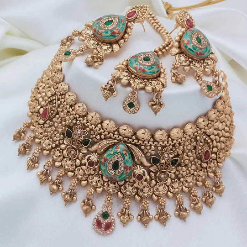 women’s diamond layered necklace-Akruti Collection Gold Plated Pota Stone And Pearls Meenakari Choker Necklace Set