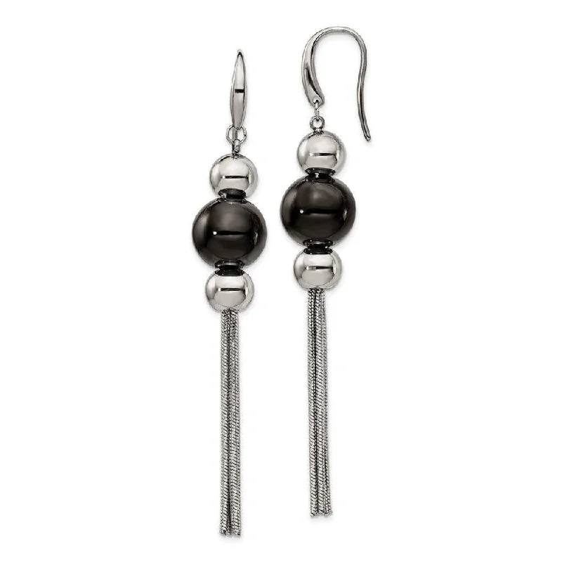 women’s pearl stud earrings-Stainless Steel Polished Black IP-plated Dangle Shepherd Hook Earrings