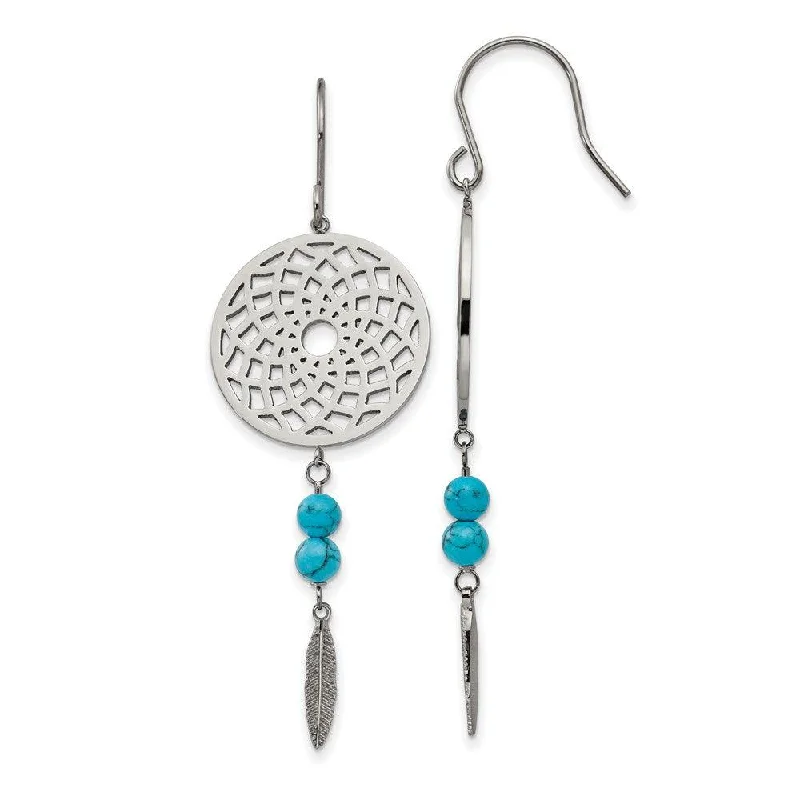 women’s artistic earrings-Stainless Steel w/Imit.Turquoise Dreamcatcher Dangle Earrings