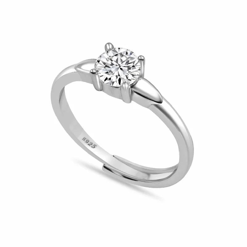 women’s oval diamond rings-Fine Silver AD Solitaire Ring