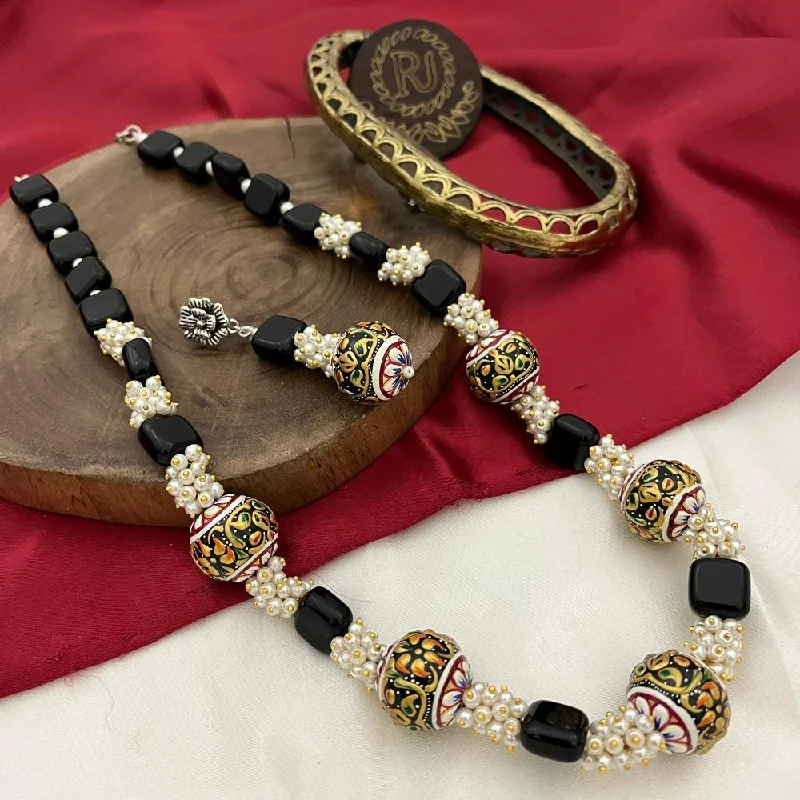 women’s multi-stone necklace-FS Collection Oxidised Plated Meenakari And Pearls Long Necklace Set