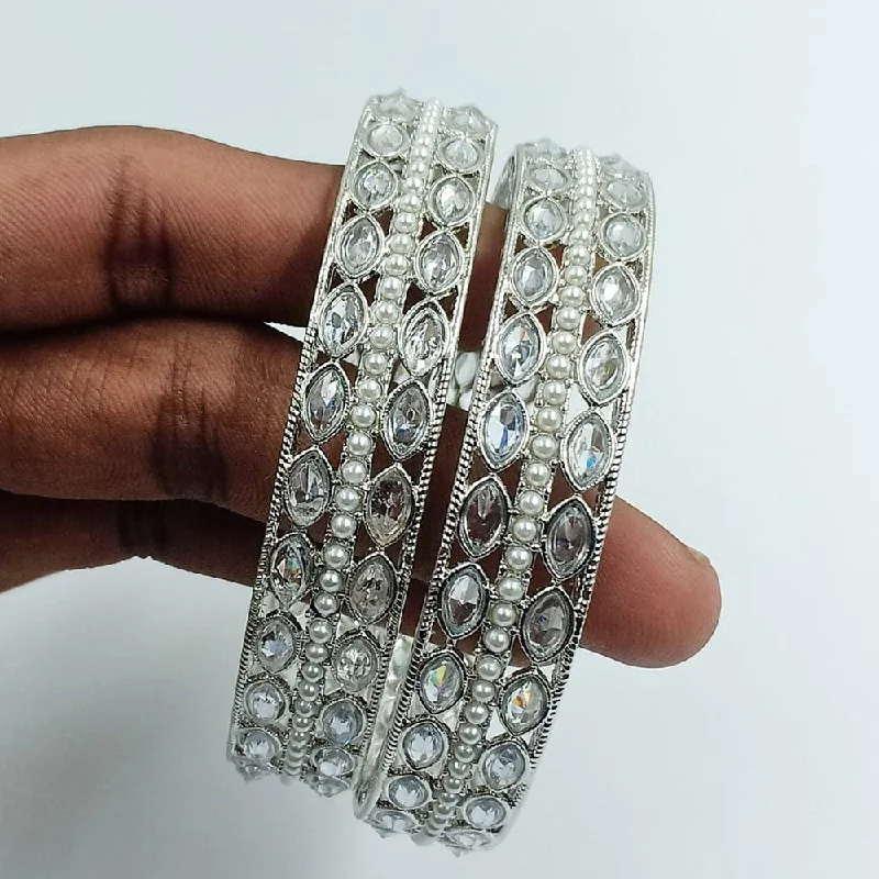 women’s high-end engagement rings-women’s charm bangles-Manisha Jewellery Silver Plated Crystal Stone And Pearl Bangles Set