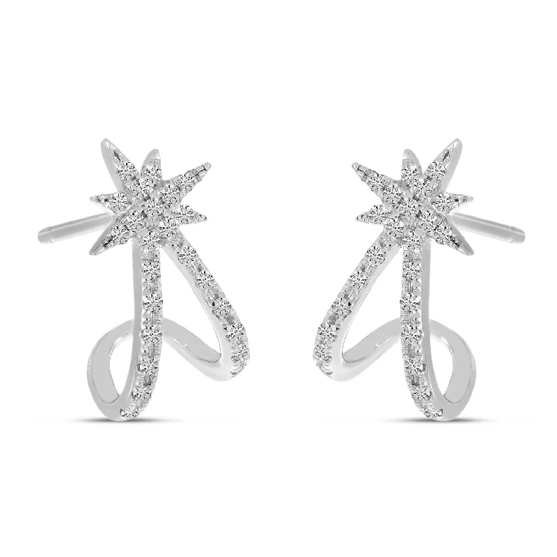 women’s diamond stud earrings-14K White Gold Diamond Starburst Huggie Earrings E10979W